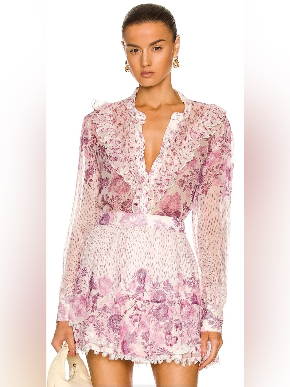 HEMANT & NANDITA Purple/Pink Floral Ruffle-Trim Sheer Blouse - 80% OFF MSRP!!!